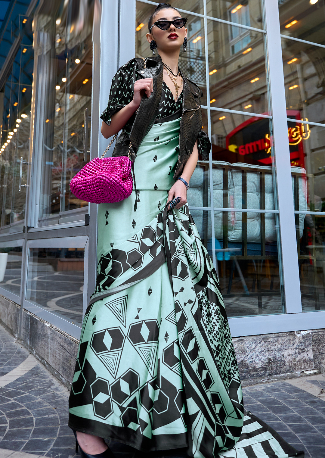 Mint Green Woven Digital Printed Pure Satin Crepe Silk Saree