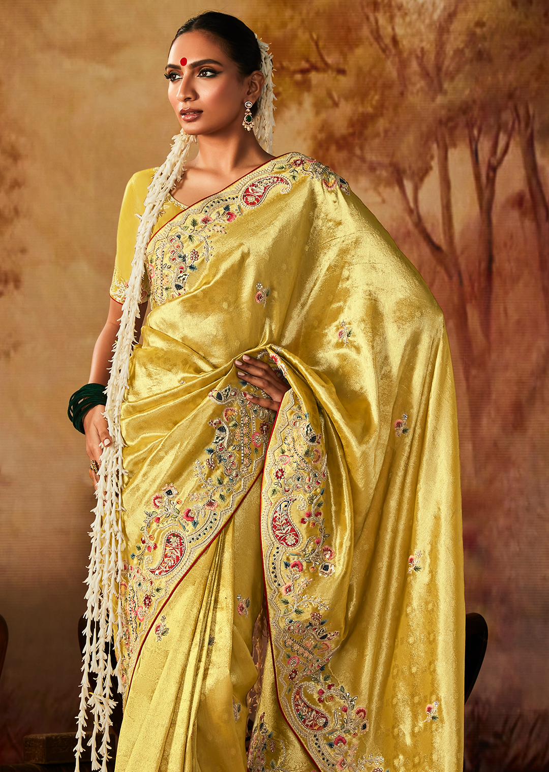 Canary Yellow Zari Woven Heavy Embroidered Designer Kanjivaram Silk Saree