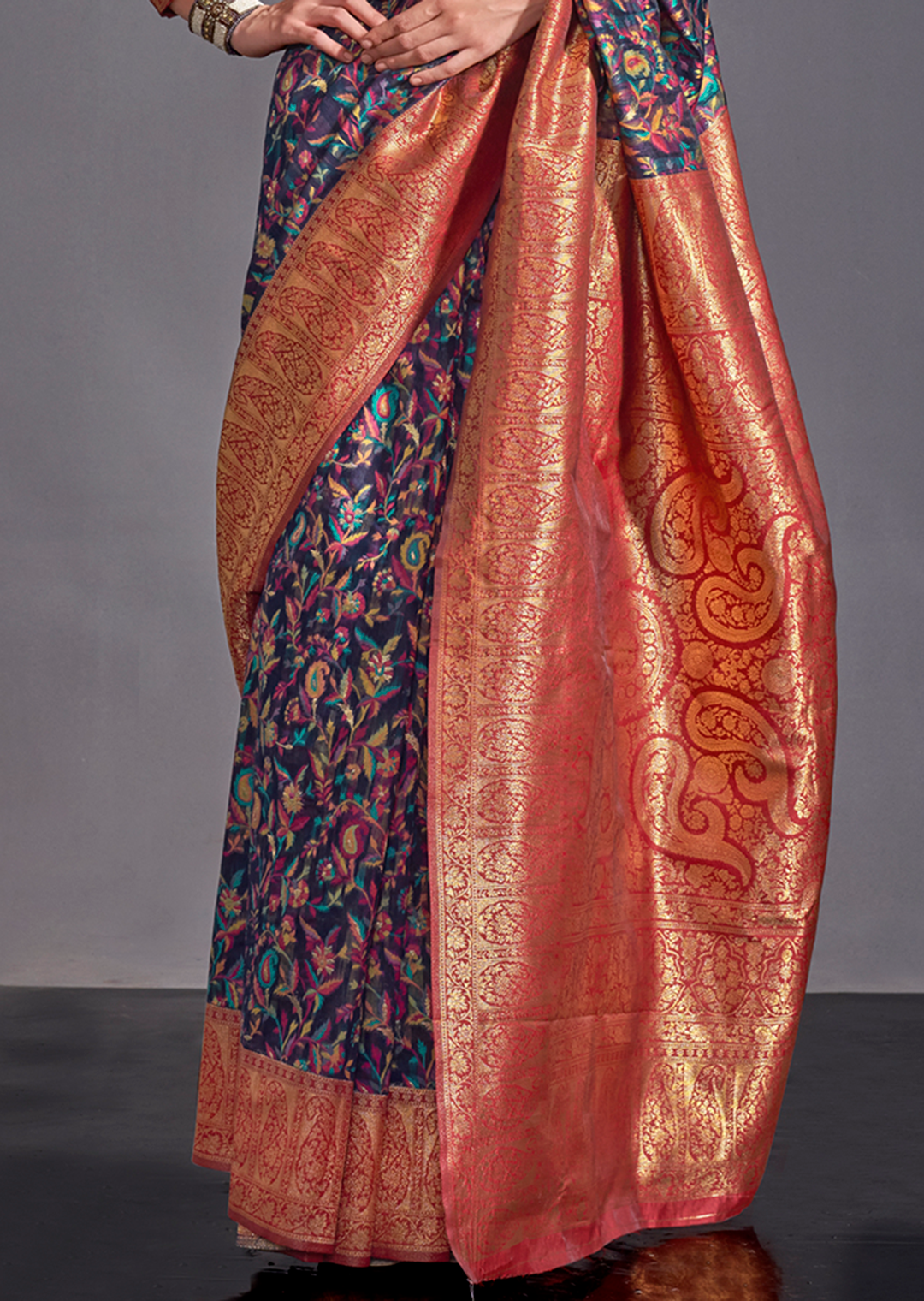 Navy Blue Resham Woven Kashmiri Jamewar Silk Saree