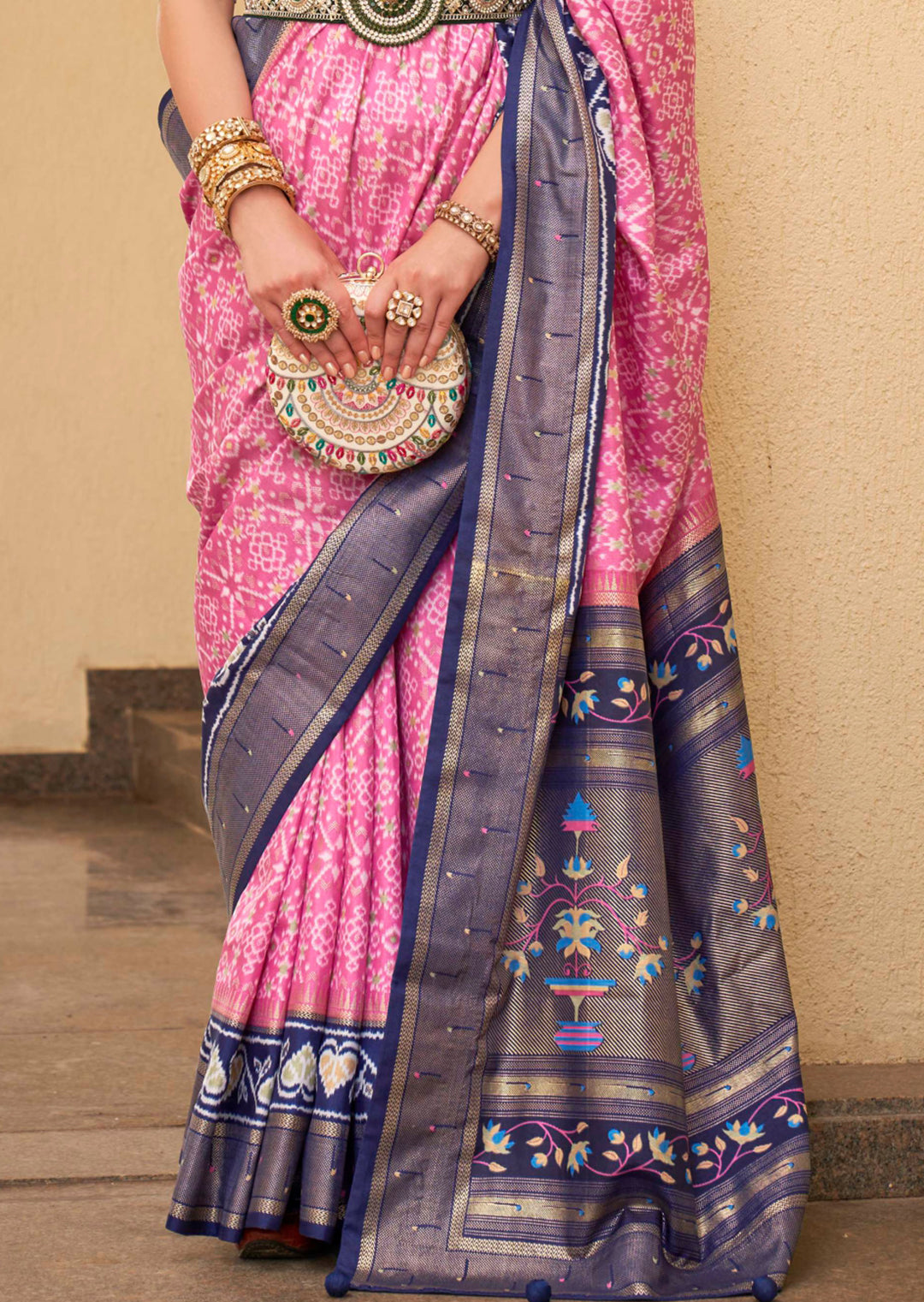 Carnation Pink Woven Traditional Patola Silk Saree