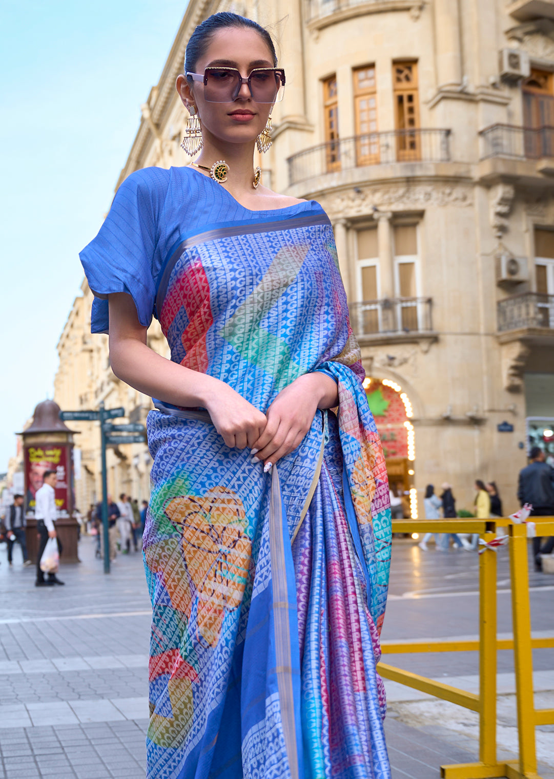 Blue Woven Digital Printed Crepe Silk Saree