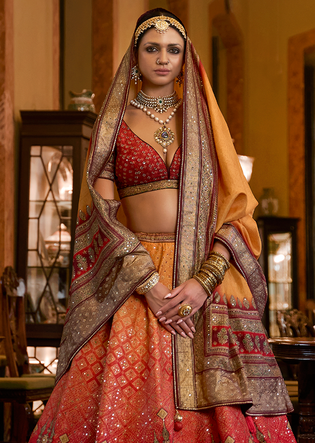 Red & Yellow Woven Traditional Rajwadi Patola Silk Lehenga