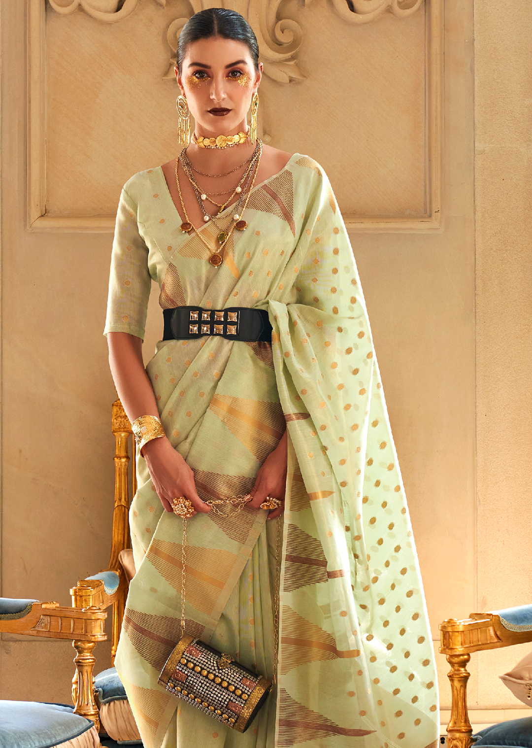 TEA GREEN ZARI WOVEN PURE HANDLOOM KHICHA TISSUE SILK SAREE