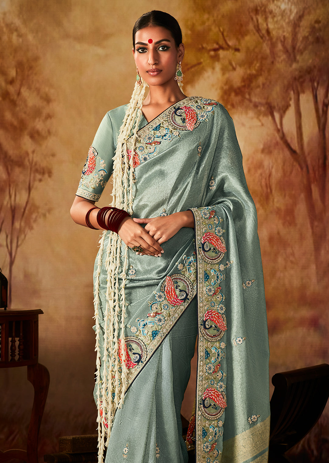 Powder Blue	Zari Woven Heavy Embroidered Designer Kanjivaram Silk Saree