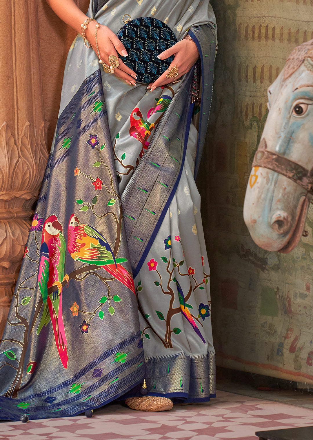 Grey & Blue Woven Paithani Silk Saree