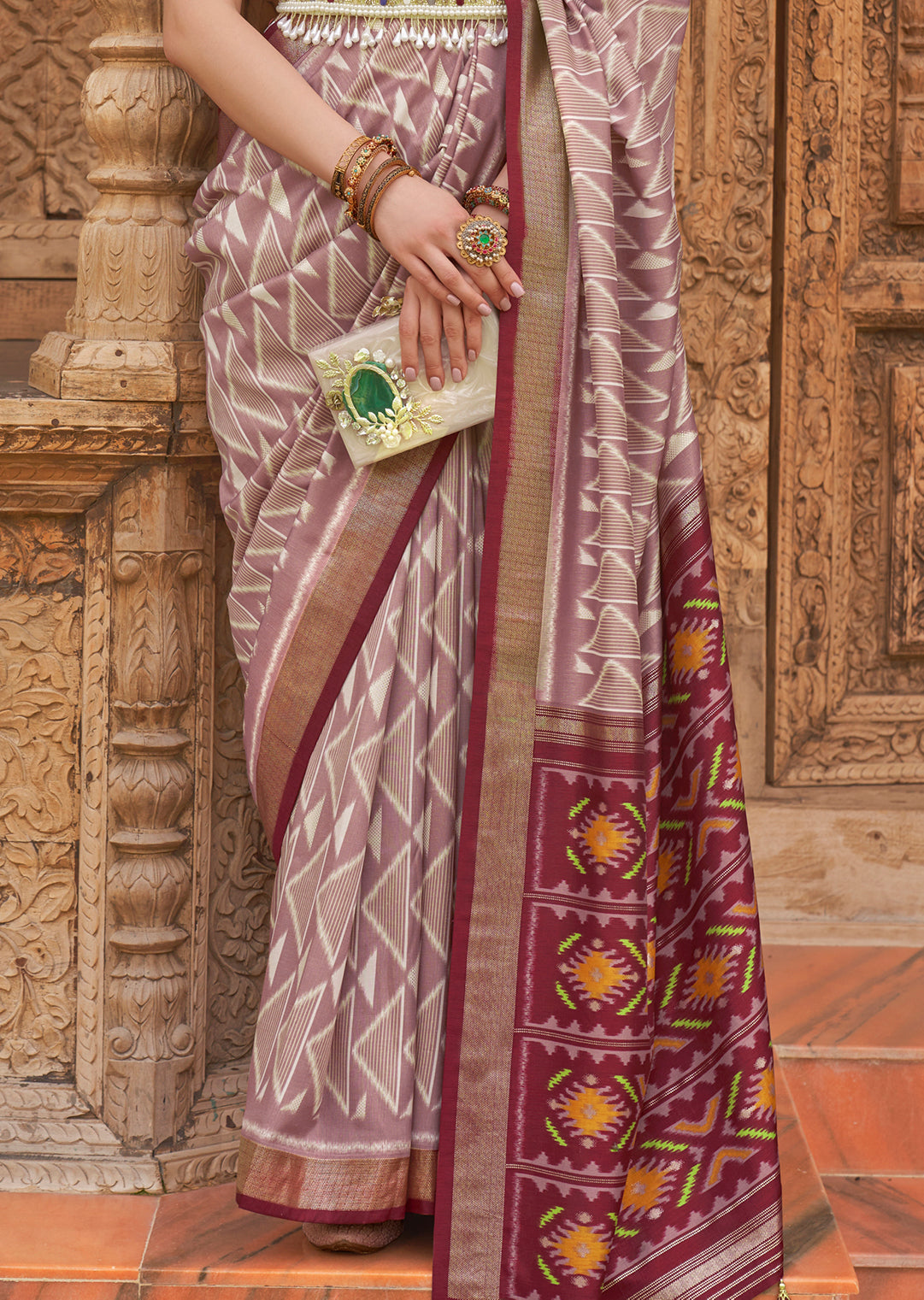 Turkish rose Pink Woven Patola Silk Saree