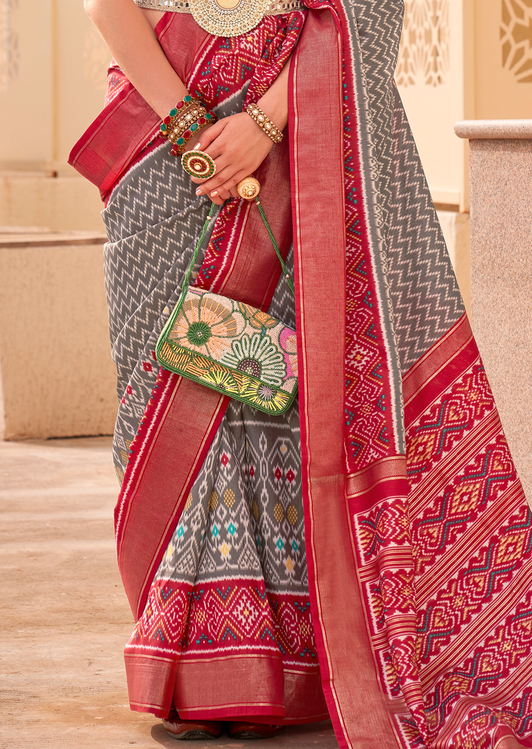 Grey & Red Woven Patola Silk Saree