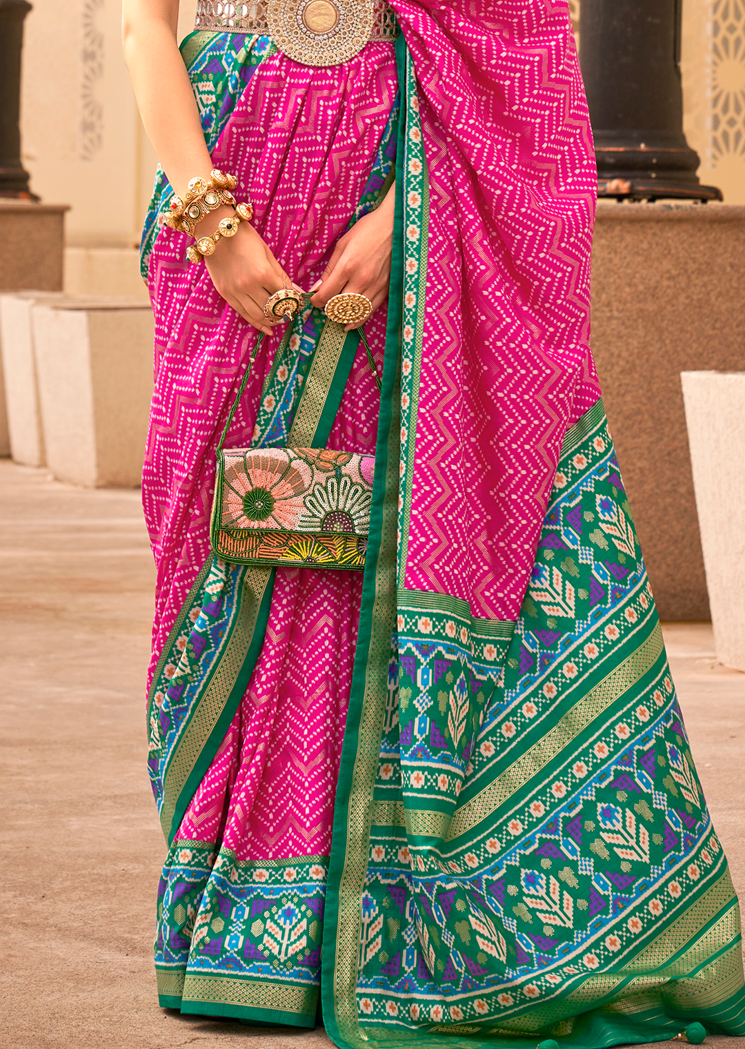 Deep Pink & Green Woven Patola Silk Saree