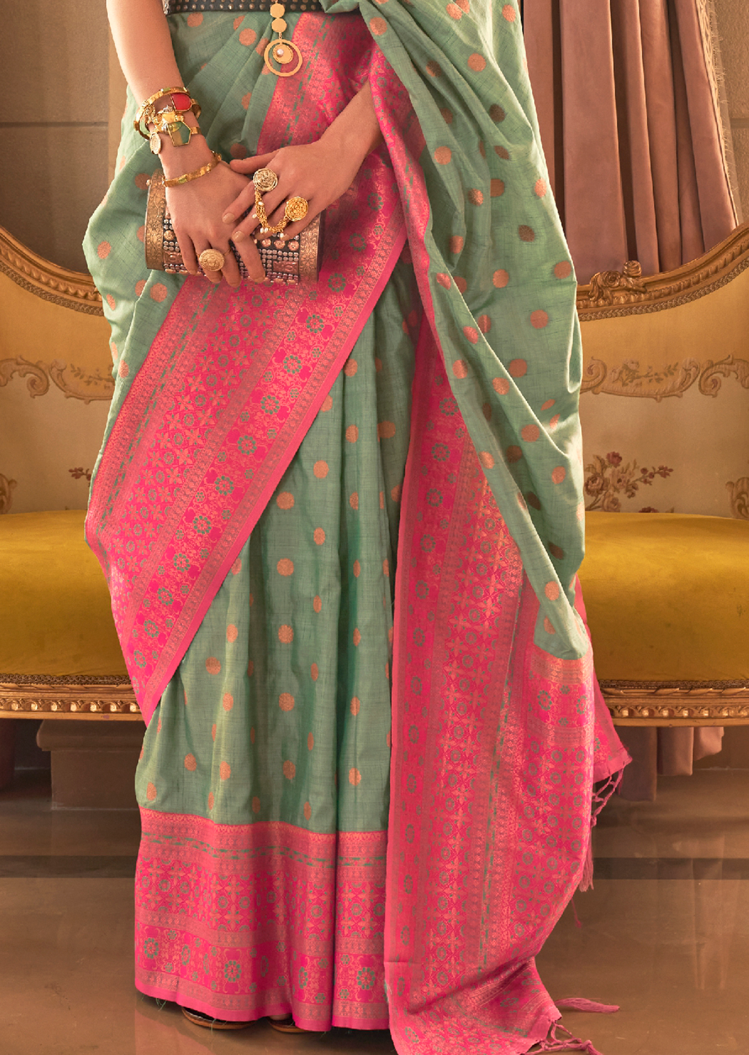 Mint Green Copper Zari Woven Pure Handloom Banarasi Silk Saree