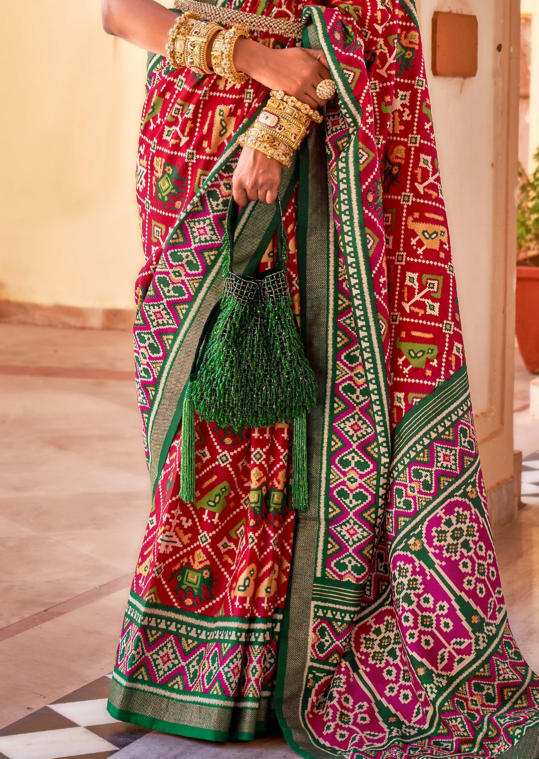 Red & Green Woven Patola Silk Saree