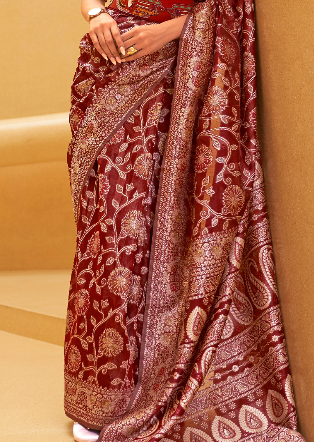 MAROON RED WOVEN CHIKANKARI LUCKNOWI COTTON SAREE