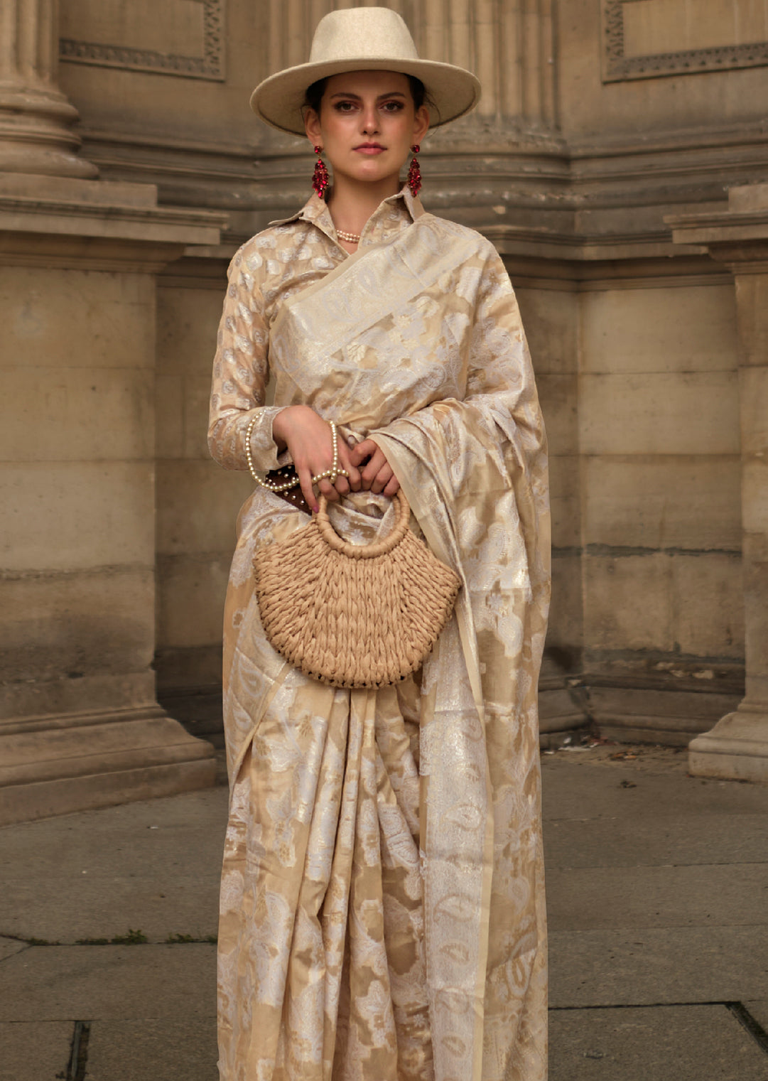 Beige Woven Handloom Chikankari Lucknowi Organza Silk Saree