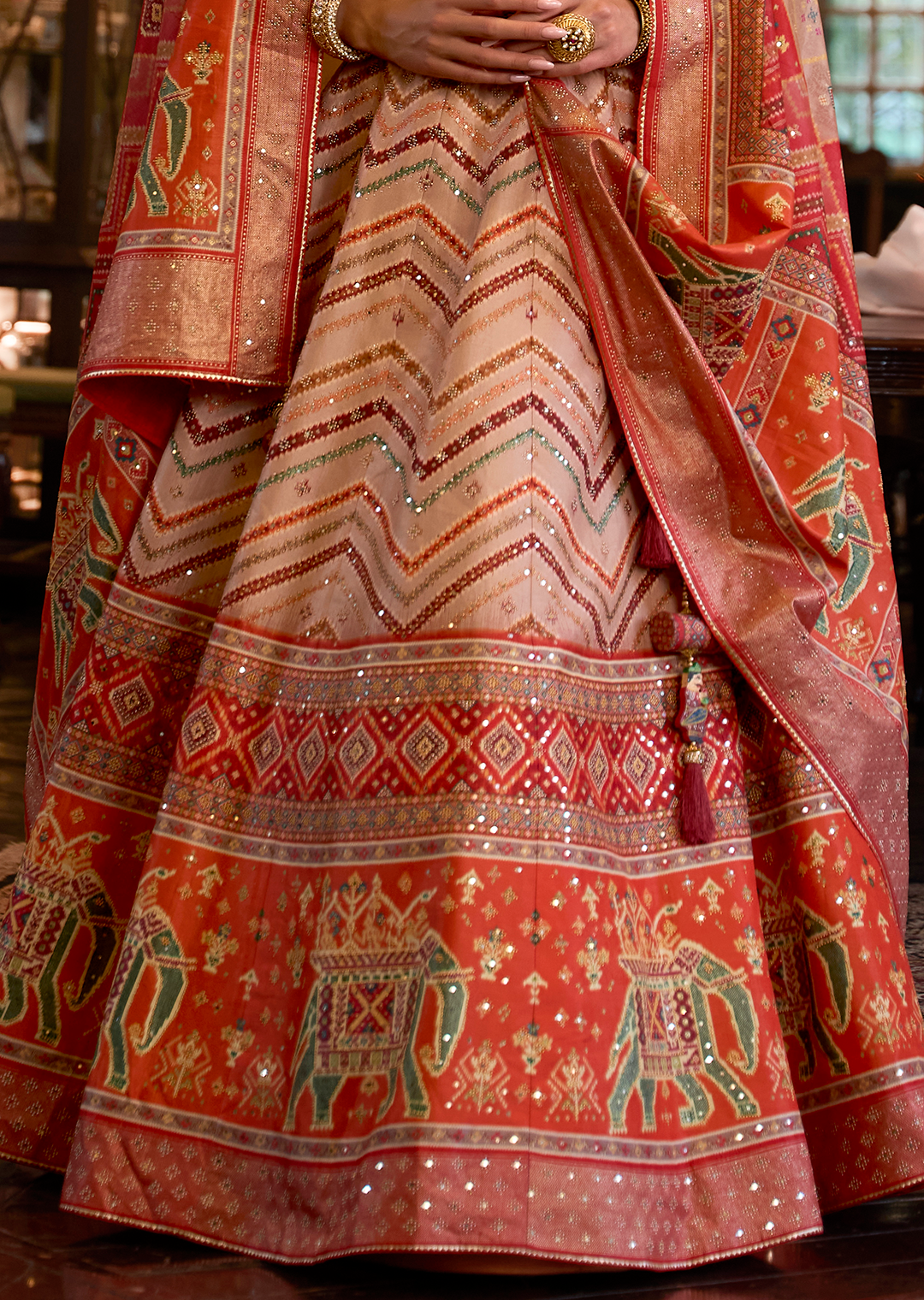 Orange Woven Traditional Rajwadi Patola Silk Lehenga