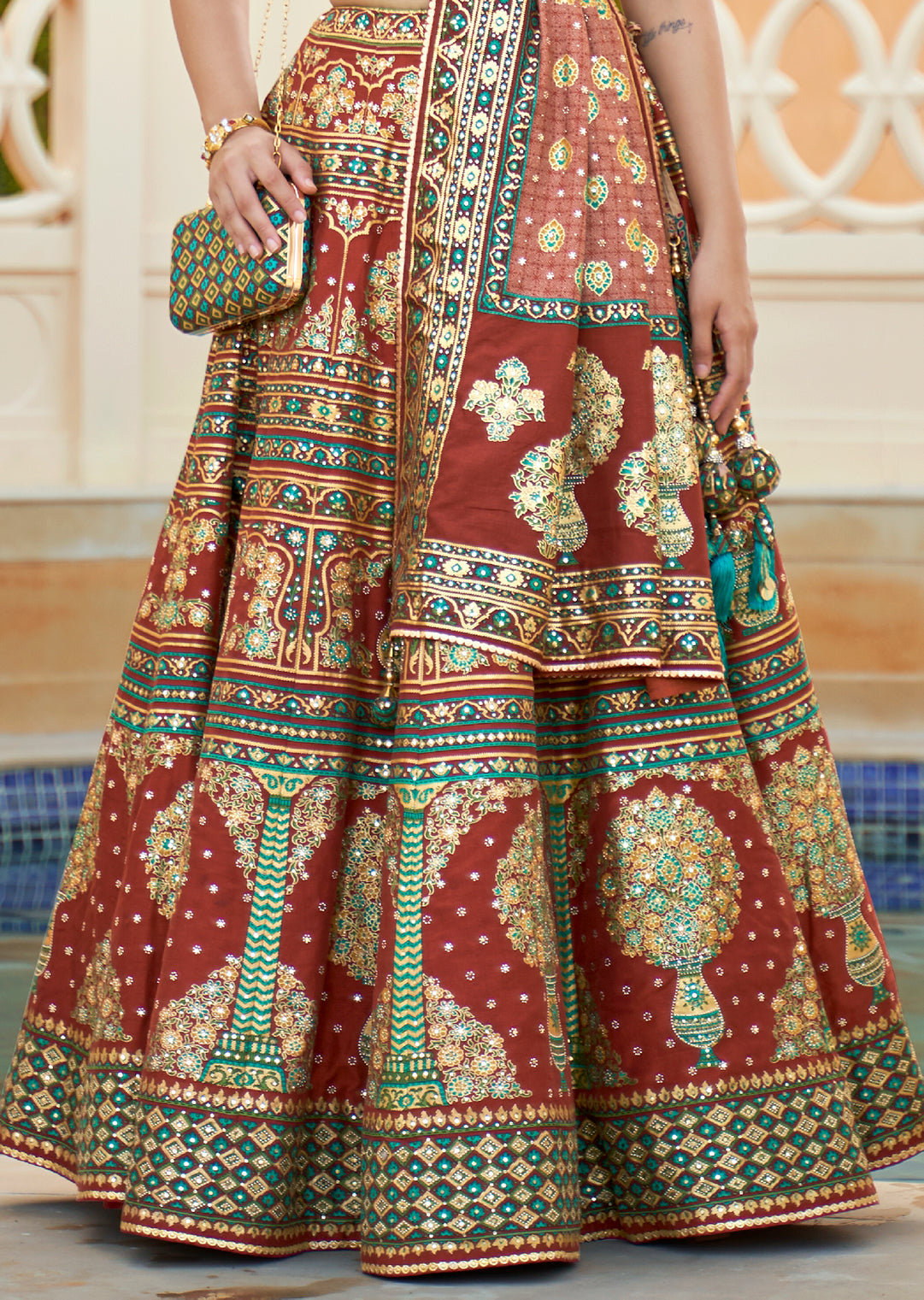 Brick Red Woven Traditional Rajwadi Patola Silk Lehenga