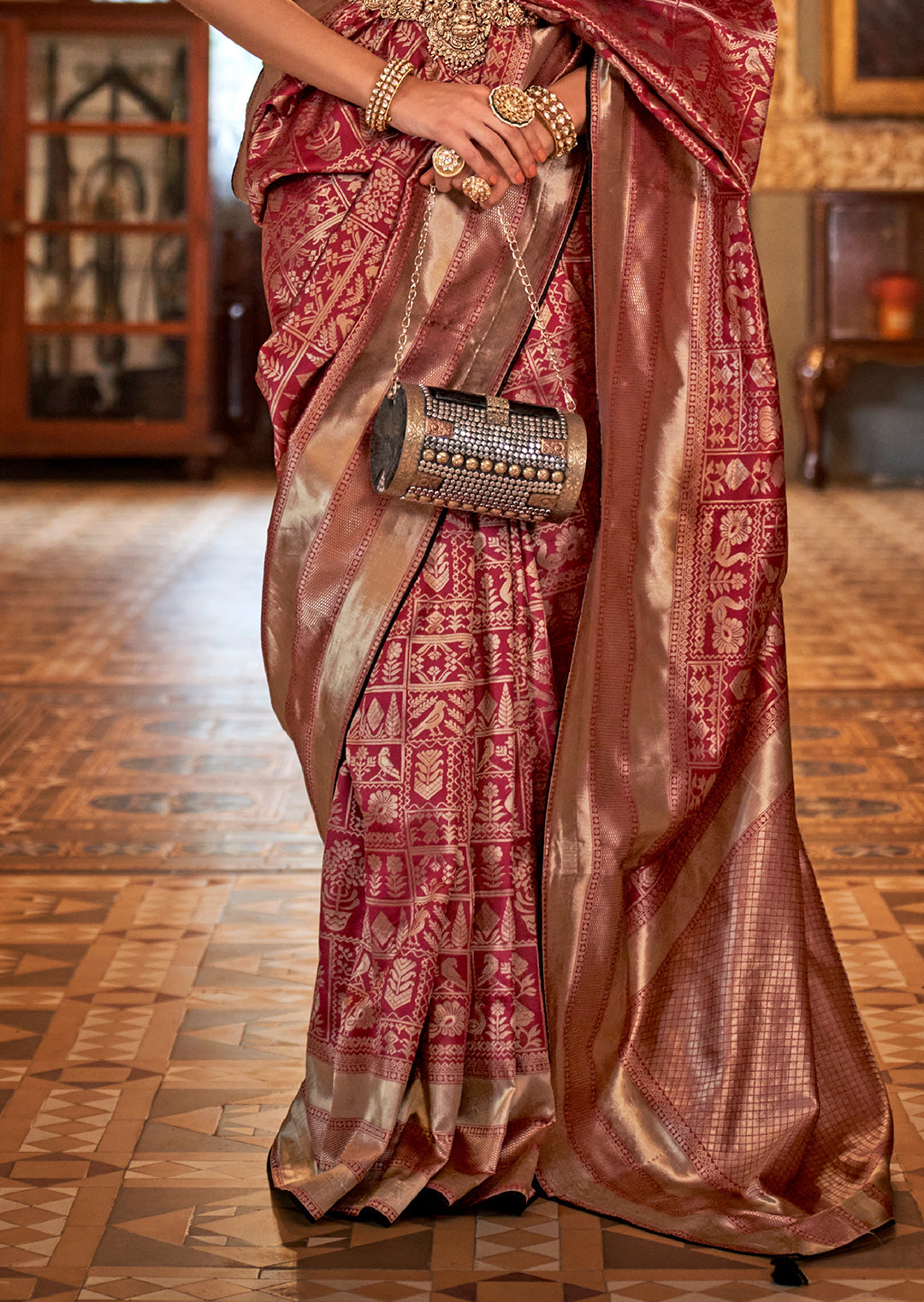 Burgundy Red Woven Royal Patola Silk Saree