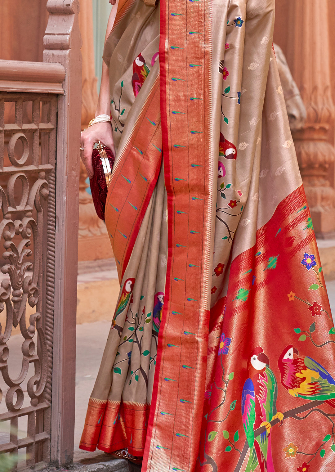 Beige & Red Woven Paithani Silk Saree