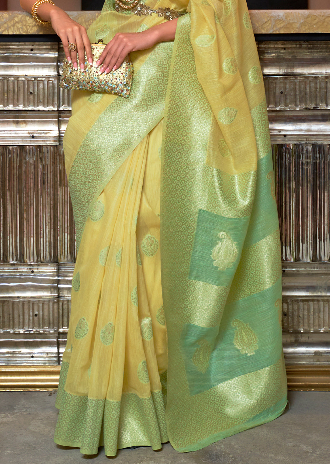 Lime Yellow Woven Pure Handloom Linen Saree