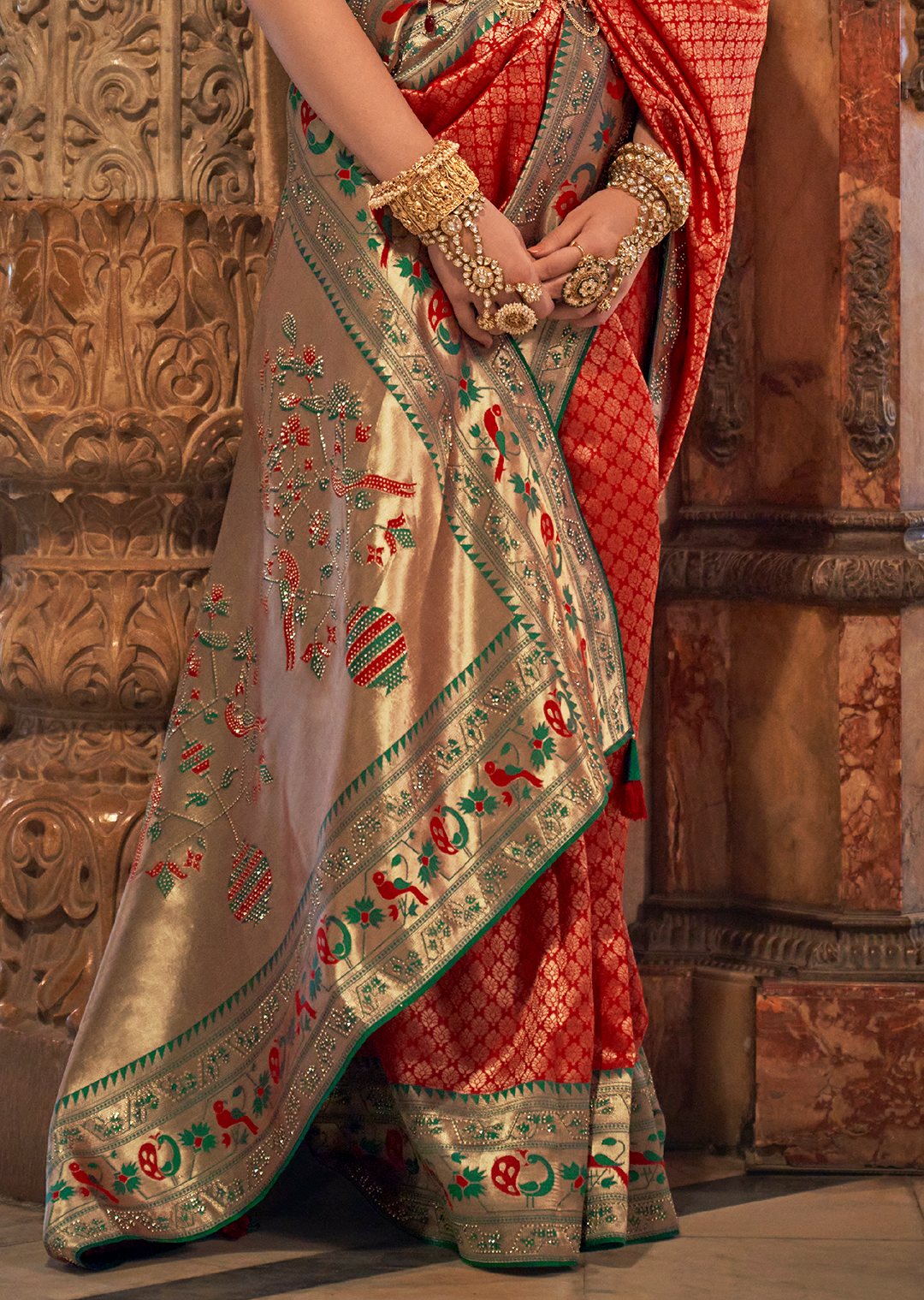 Red & Green Zari Woven Kanjivaram Paithani Silk Saree