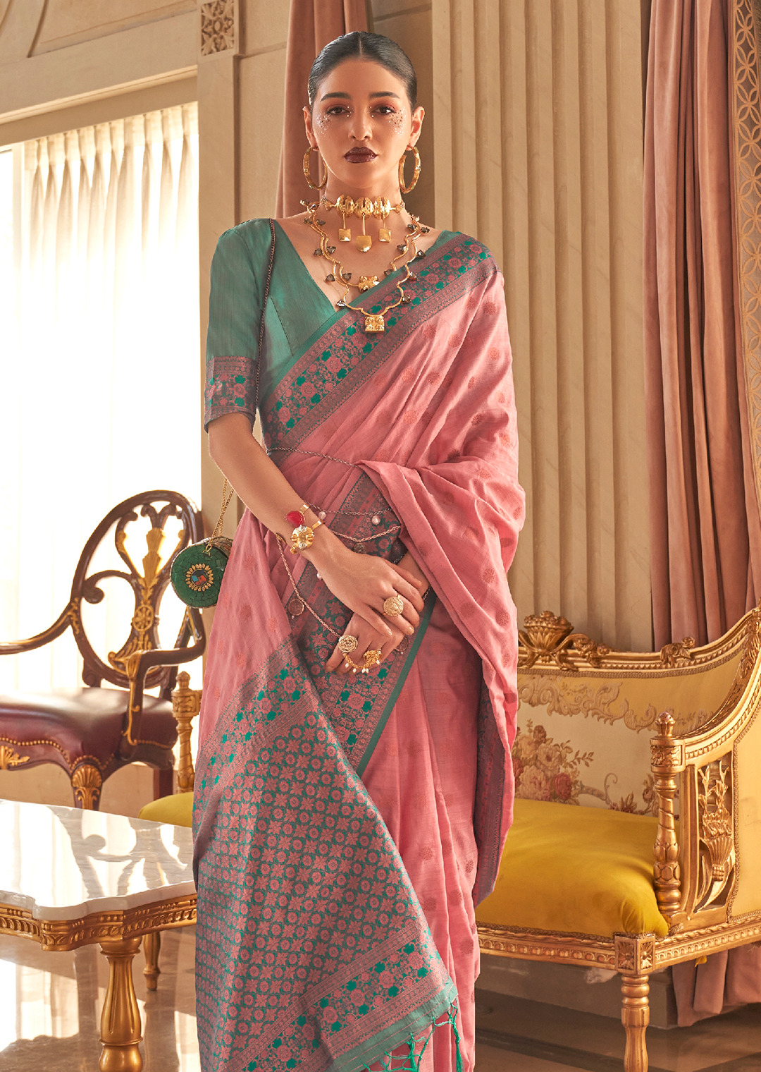 Crepe Pink Copper Zari Woven Pure Handloom Banarasi Silk Saree