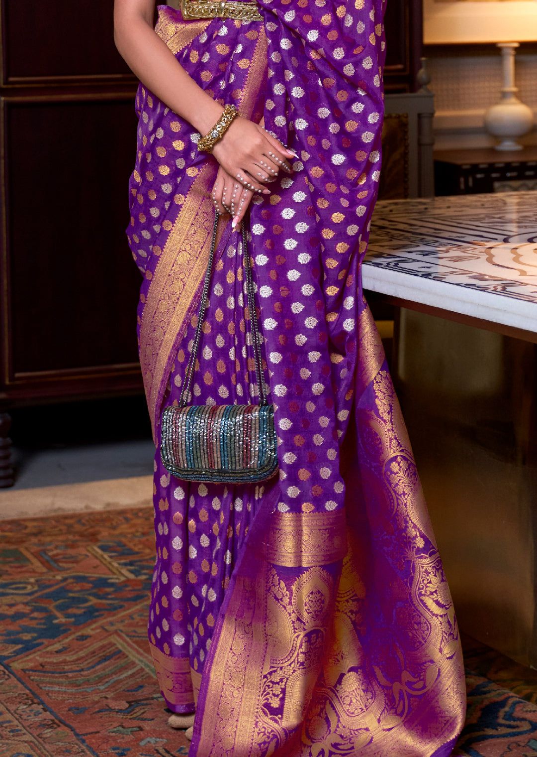 PURPLE COPPER ZARI WOVEN PURE KHADDI GEORGETTE BANARASI SAREE