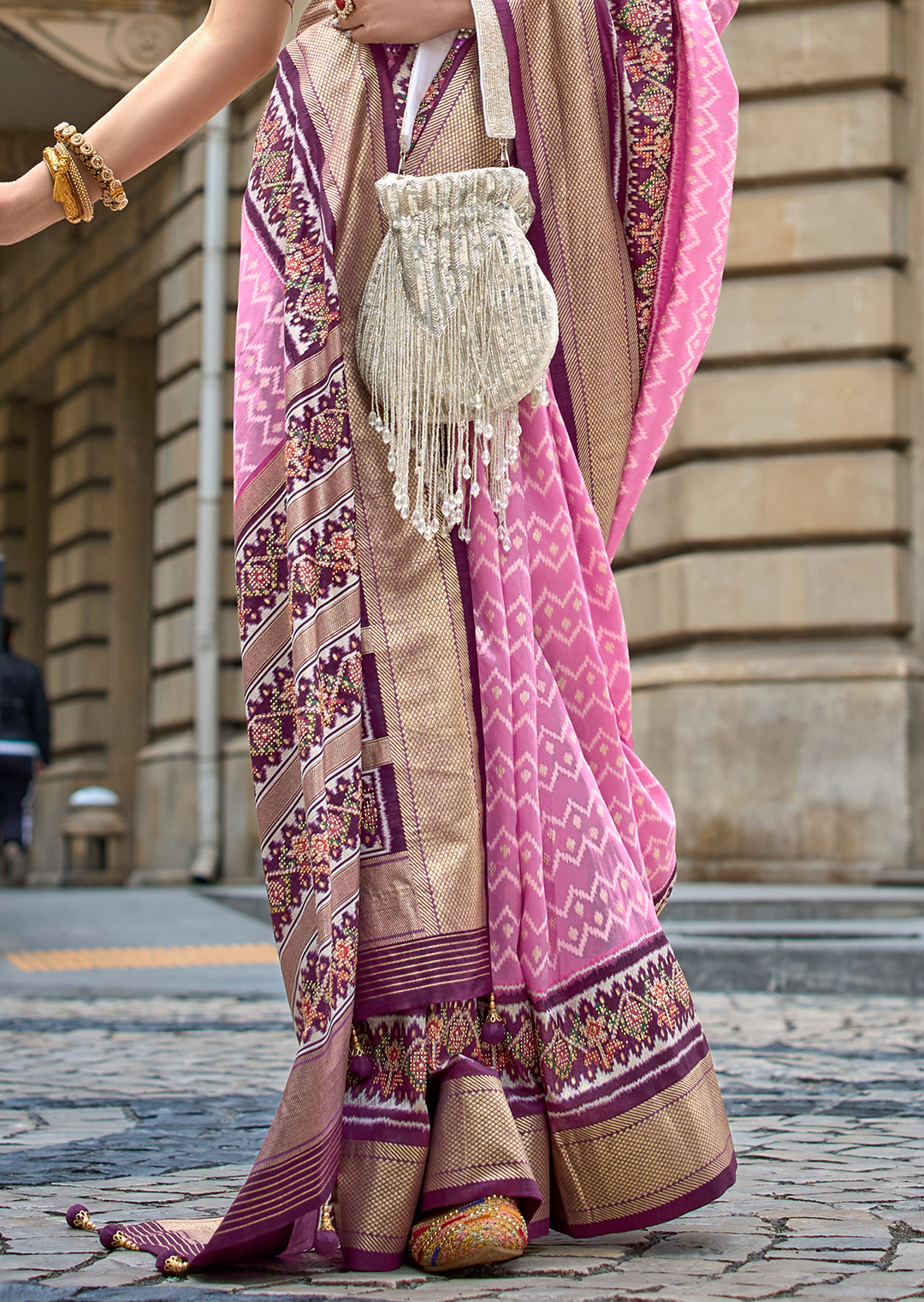 Carnation Pink Woven Royal Traditional Patola Silk Saree