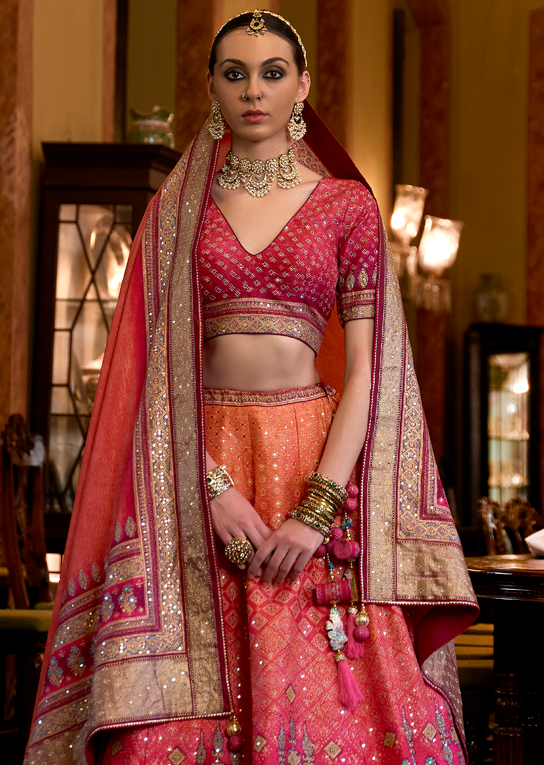 Pink & Orange Woven Traditional Rajwadi Patola Silk Lehenga