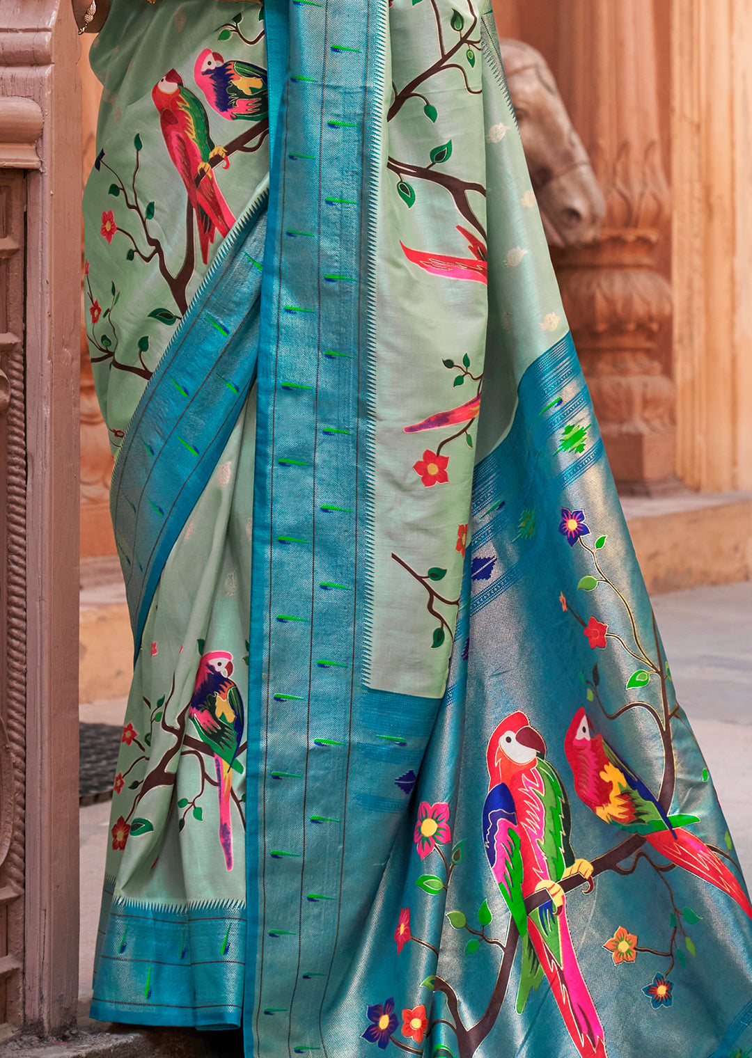 Ivory White & Pink Woven Paithani Silk Saree