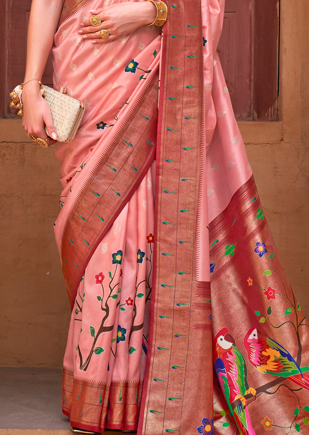 Crepe Pink & Brown Woven Paithani Silk Saree