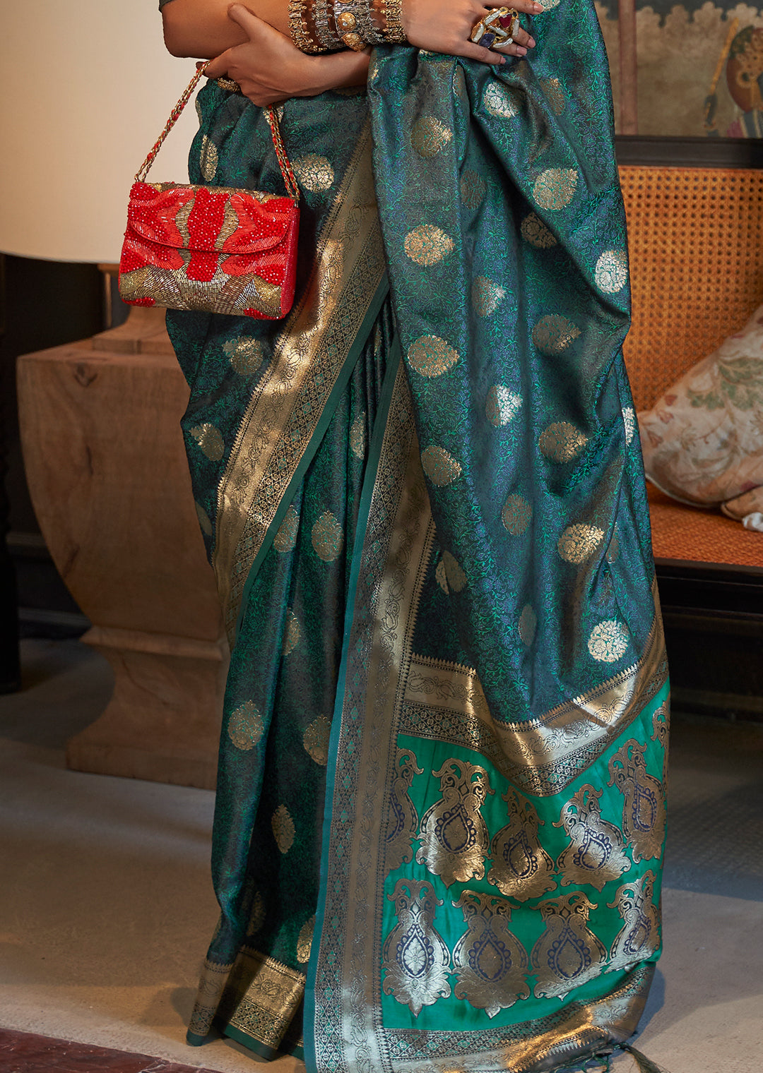 Pine Green Zari Woven Handloom Pure Banarasi Satin Silk Saree