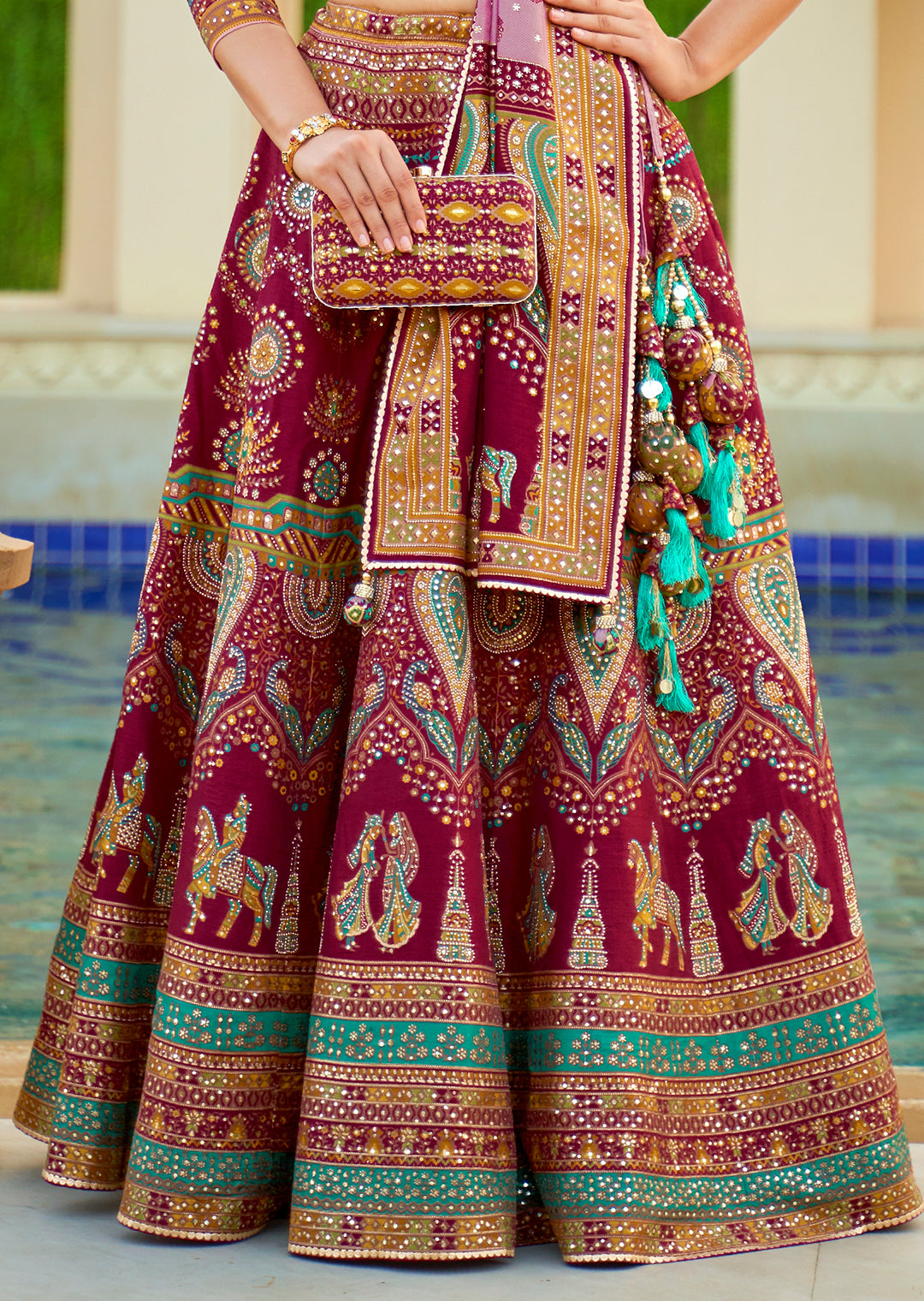 Maroon Red Woven Traditional Rajwadi Patola Silk Lehenga