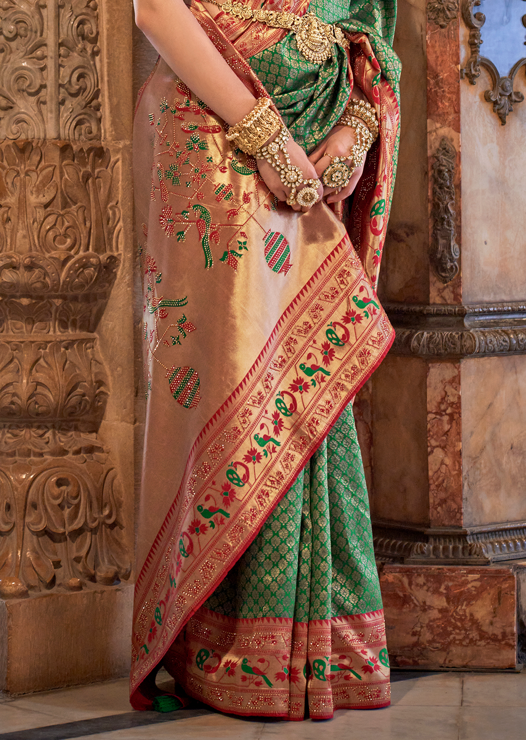 Jade Green & Red Zari Woven Kanjivaram Paithani Silk Saree