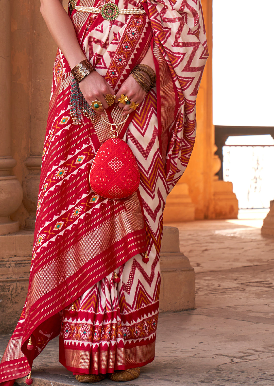 White & Red Woven Patola Silk Saree