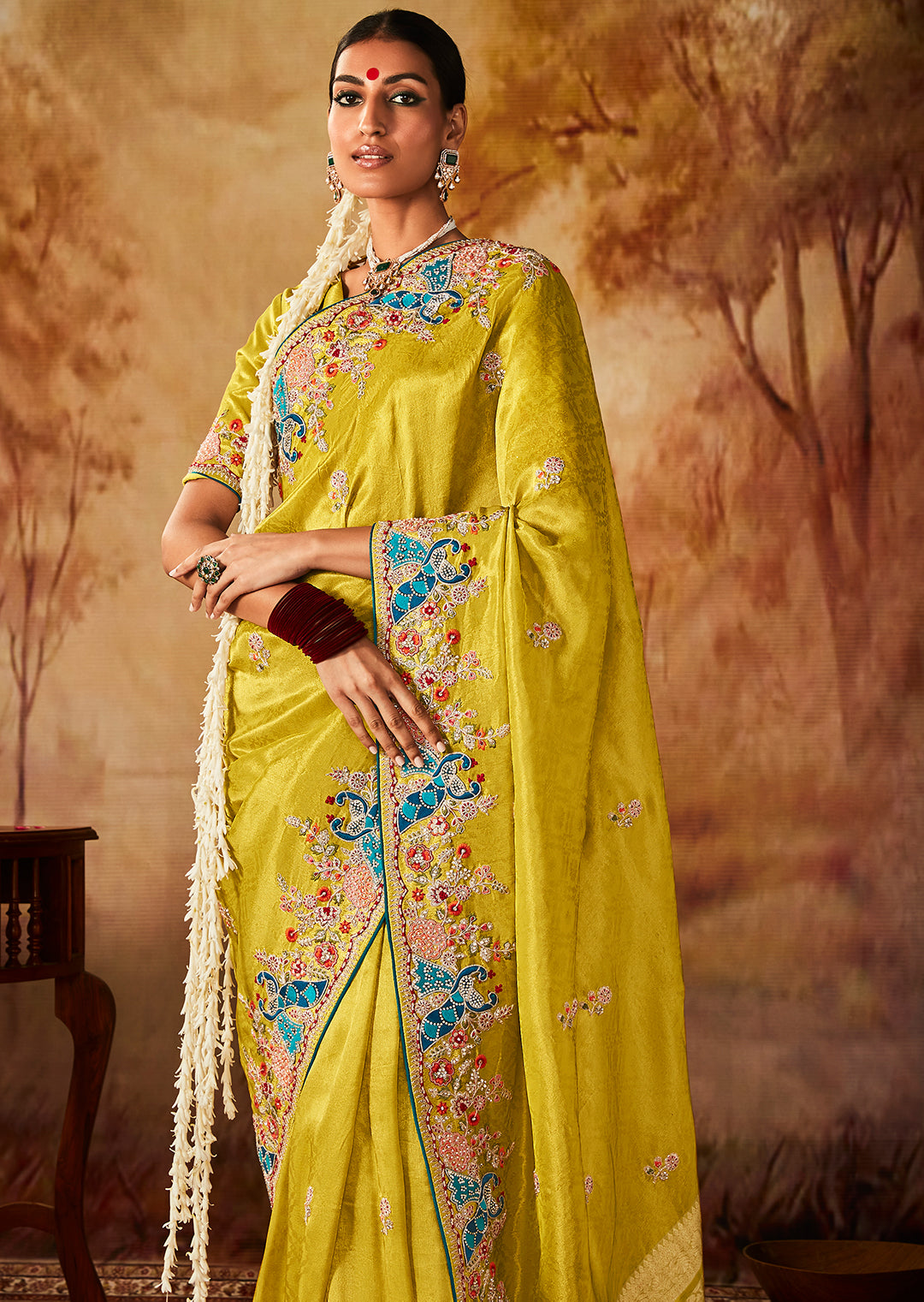 Lemon Yellow Zari Woven Heavy Embroidered Designer Kanjivaram Silk Saree