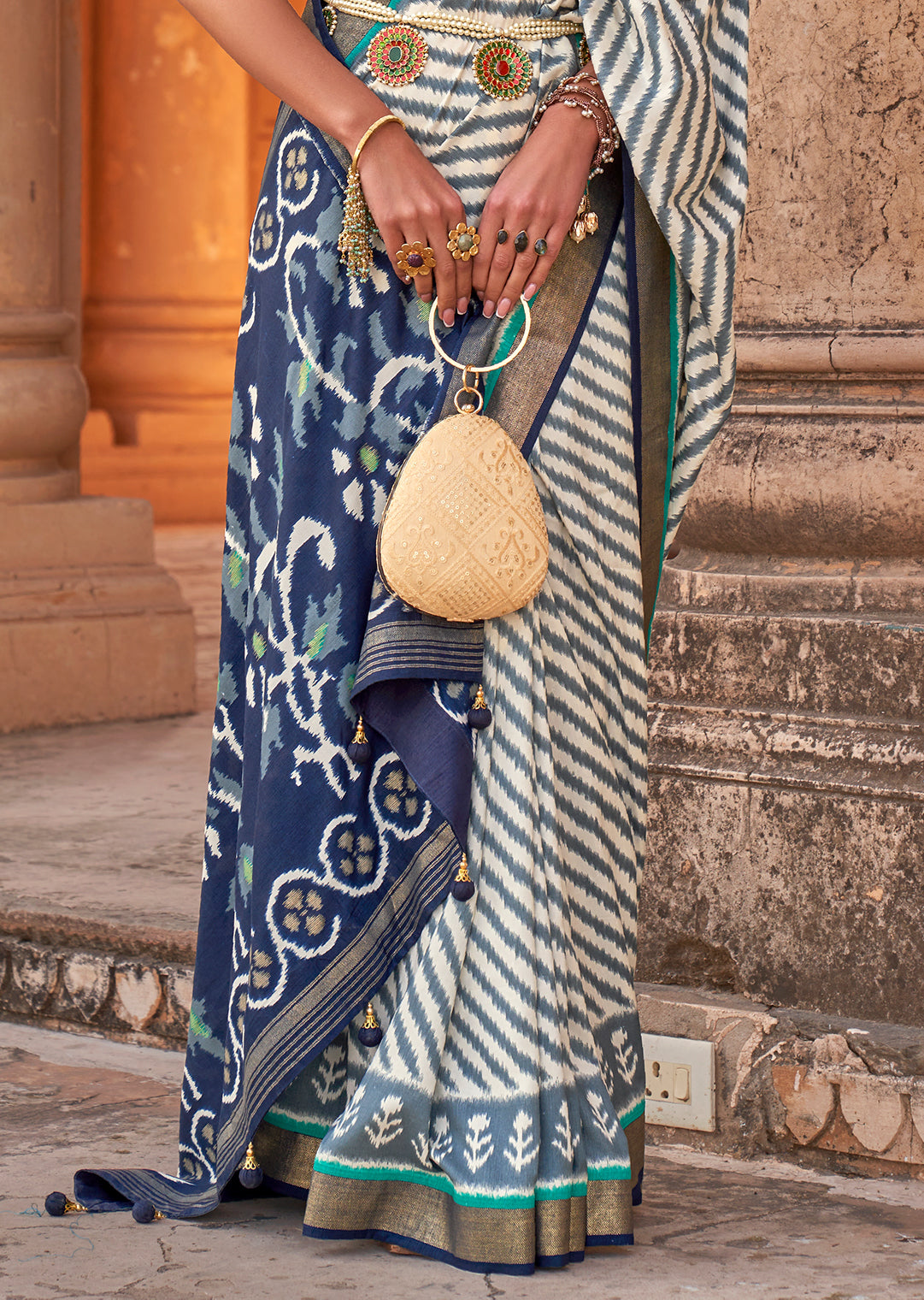 White & Blue Woven Patola Silk Saree