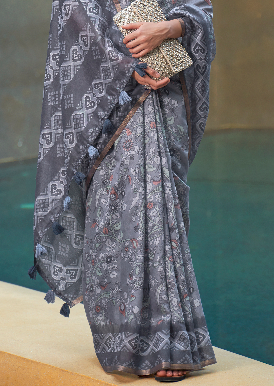 Deep Grey Woven handloom Chanderi Cotton Saree