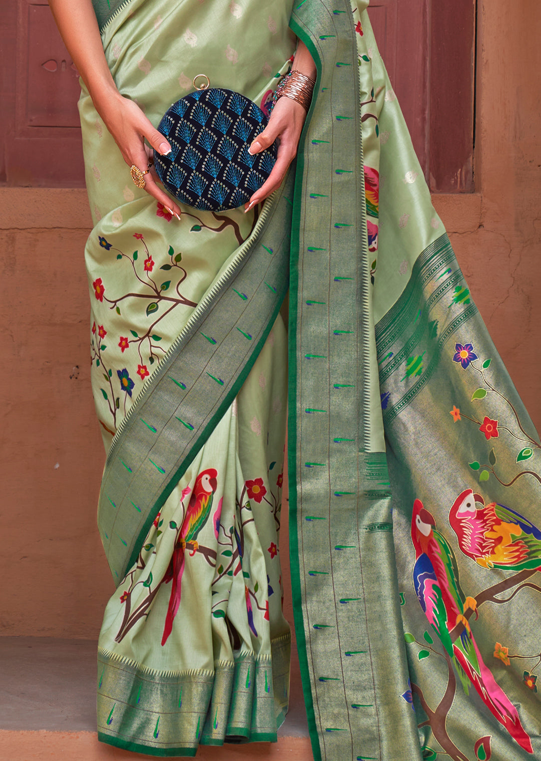 Mint Green Woven Paithani Silk Saree