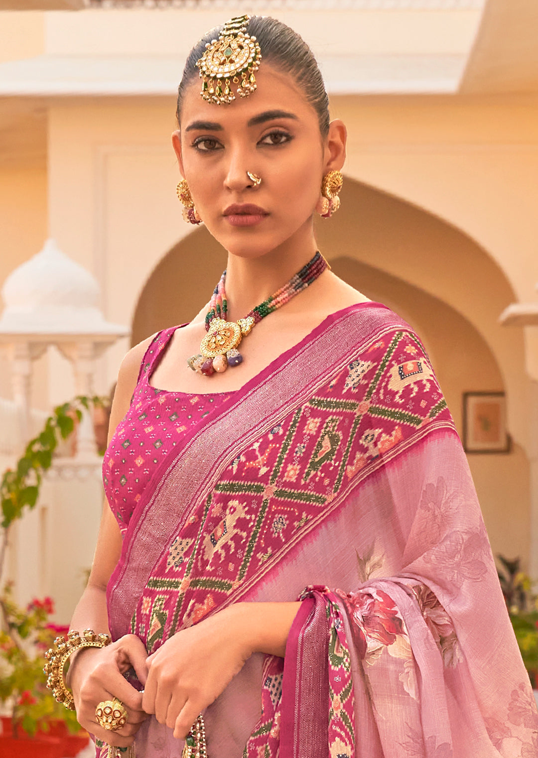 Crepe Pink Woven Chiffon Patola Saree