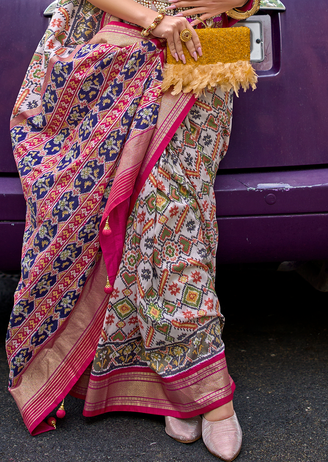 White & Pink Woven Royal Traditional Patola Silk Saree