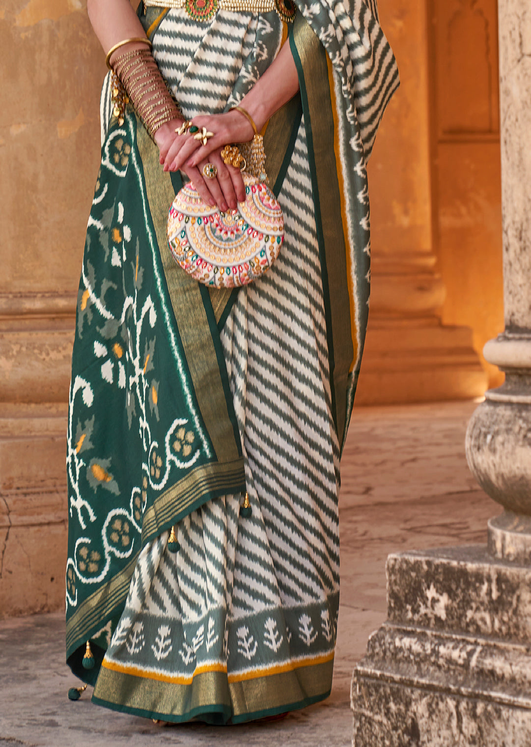 White & Green Woven Patola Silk Saree