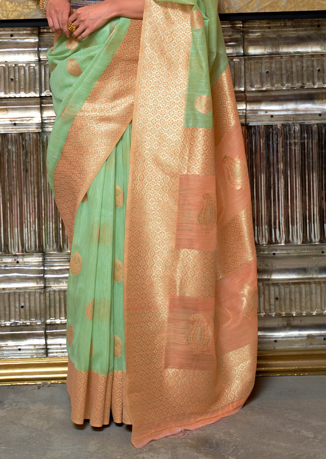 Mint Green Woven Pure Handloom Linen Saree