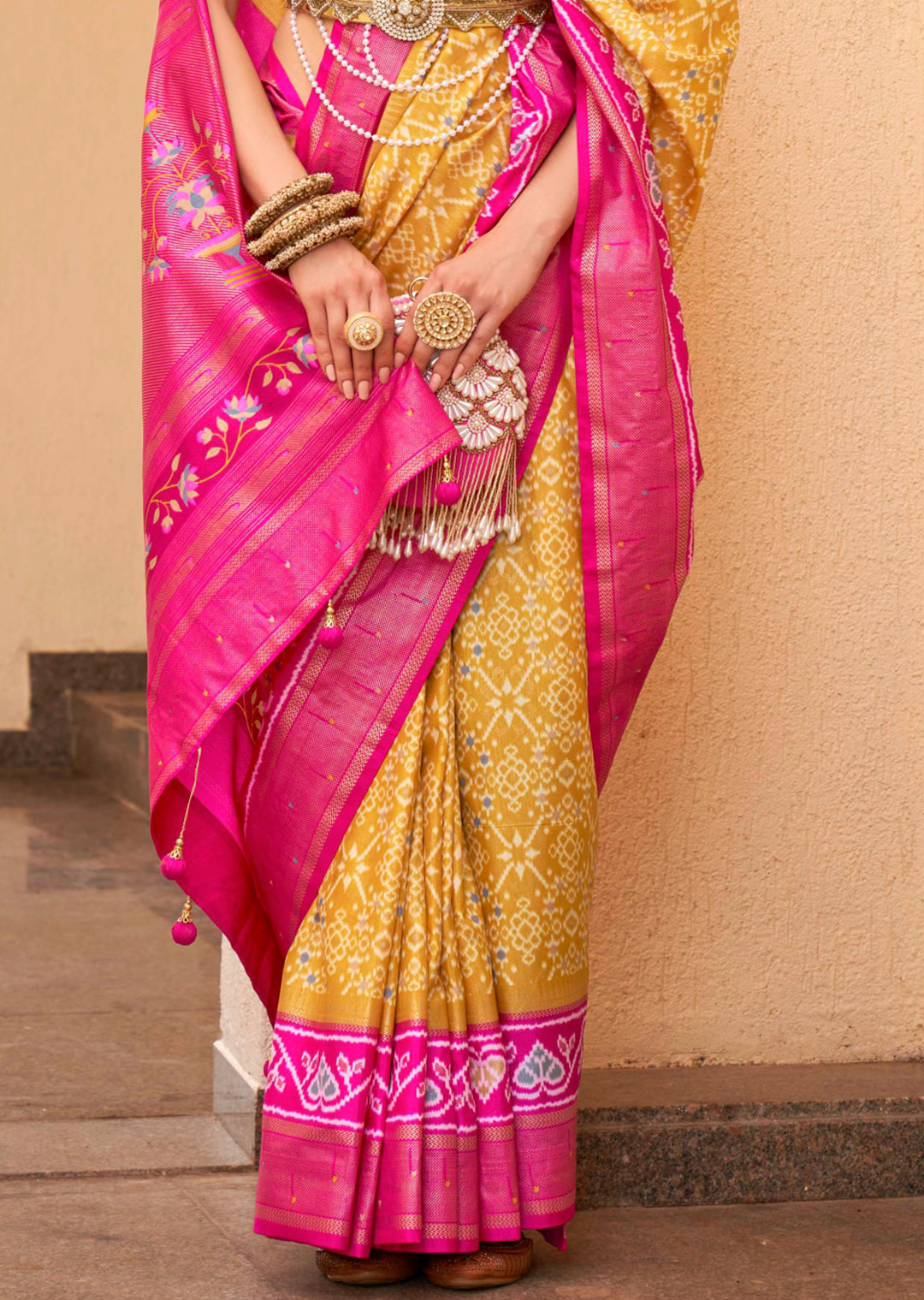 Mustard Yellow Woven Traditional Patola Silk Saree