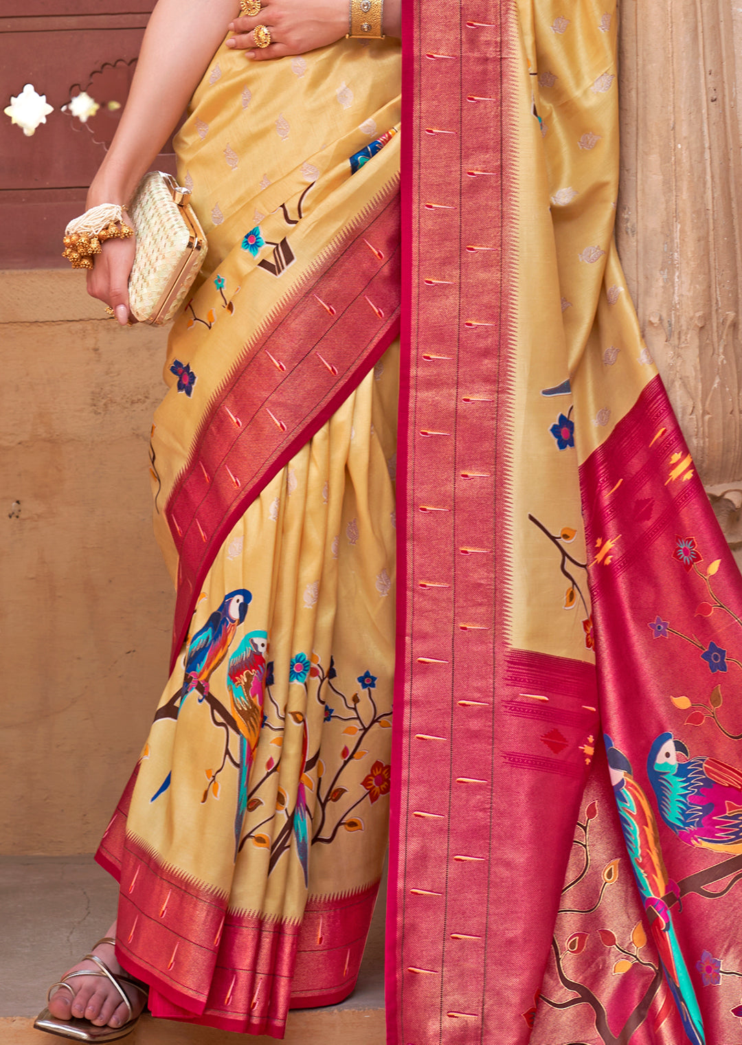 Lemon Yellow & Red Woven Paithani Silk Saree