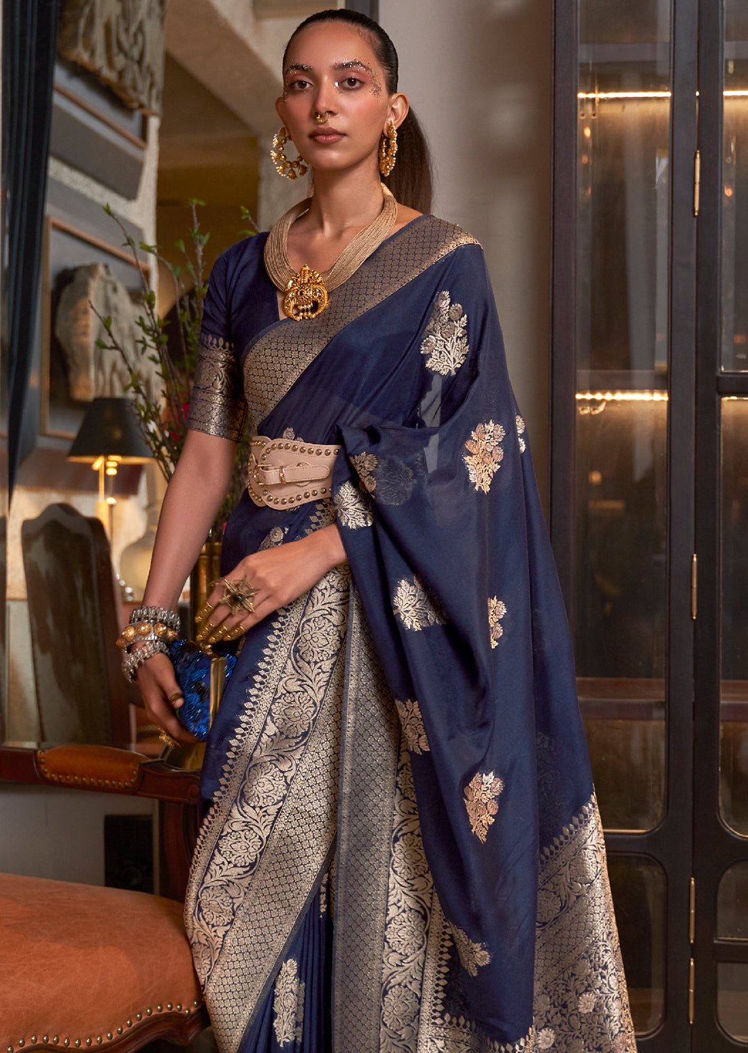 Navy Blue Zari Woven Pure Khaddi Banarasi Georgette Saree