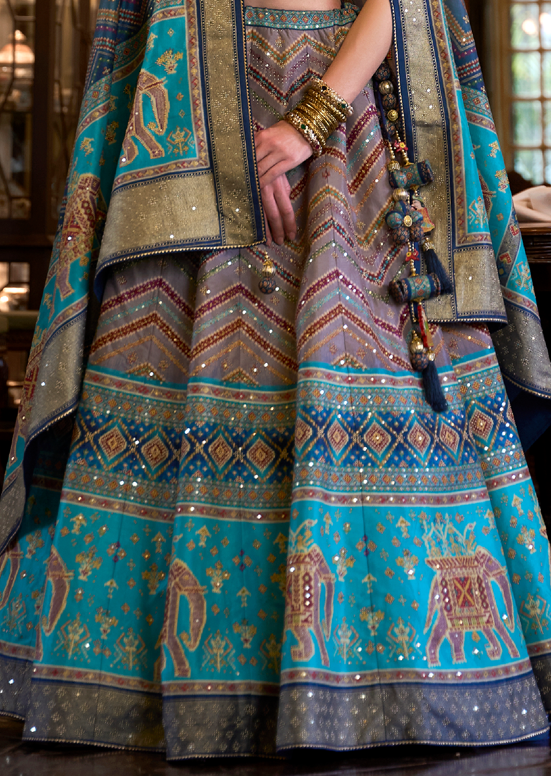 Deep Sky Blue Woven Traditional Rajwadi Patola Silk Lehenga