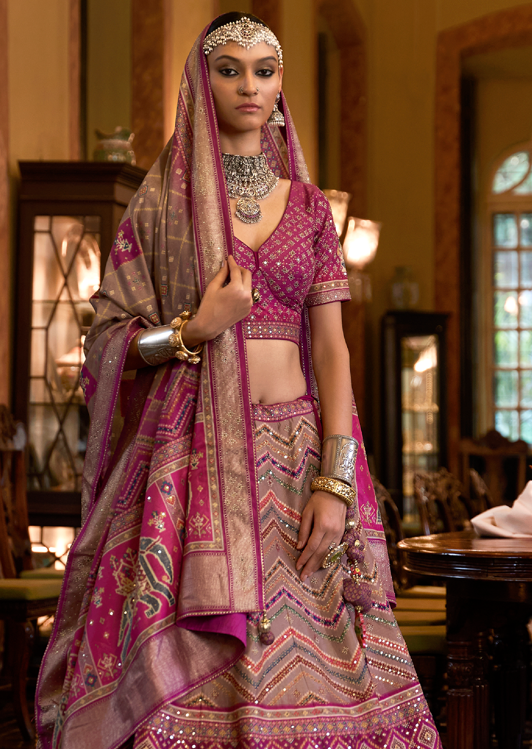 Magenta Purple Woven Traditional Rajwadi Patola Silk Lehenga