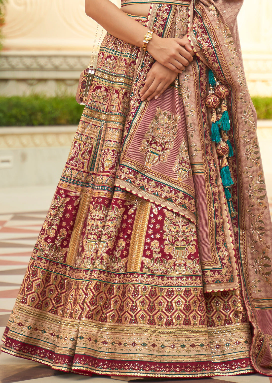 Turkish Rose Pink & Red Woven Traditional Rajwadi Patola Silk Lehenga