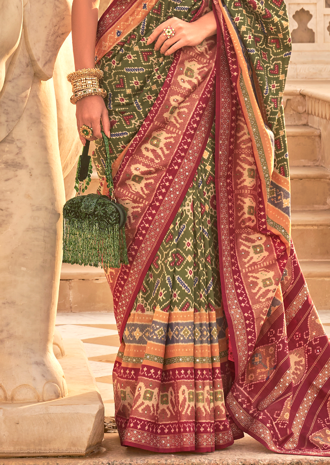 Olive Green Woven Royal Traditional Patola Silk Saree