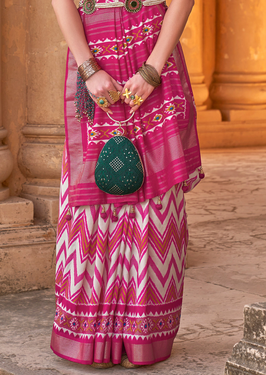 White & Pink Woven Patola Silk Saree