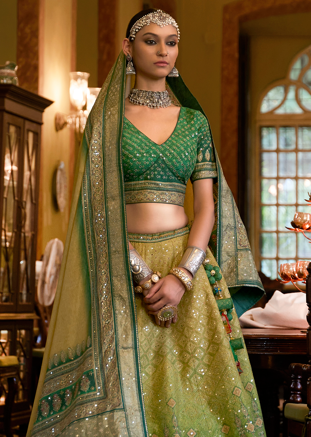 Jade Green Woven Traditional Rajwadi Patola Silk Lehenga