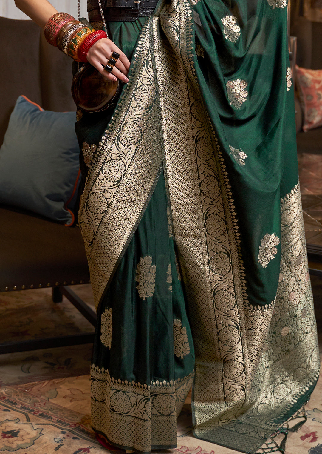 Bottle Green Zari Woven Pure Khaddi Banarasi Georgette Saree